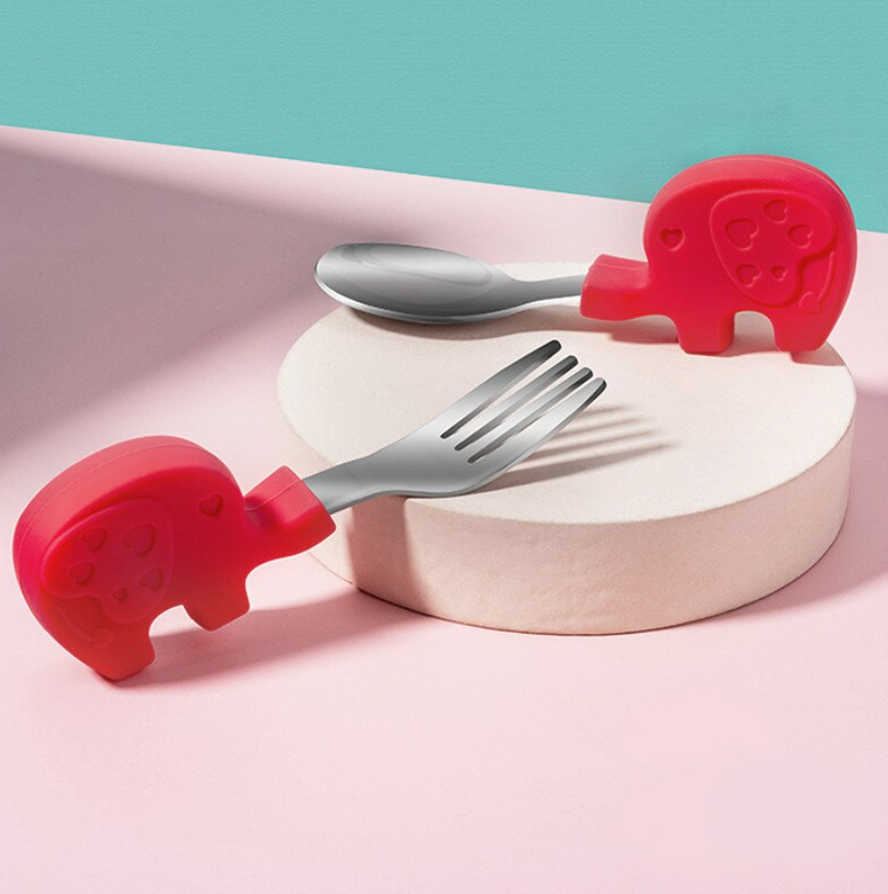 Palm Grasp Spoon & Fork Set - Pink Elephant