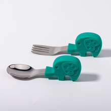 Load image into Gallery viewer, Palm Grasp Spoon &amp; Fork Set - Green Elephant
