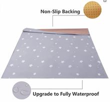 Load image into Gallery viewer, Highchair Weaning and Activity Splash Mat - Grey Polka Dots and Stars
